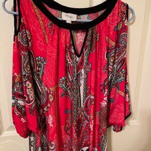Beige by eci Red Paisley Cold-Shoulder Shirt.  Size Large